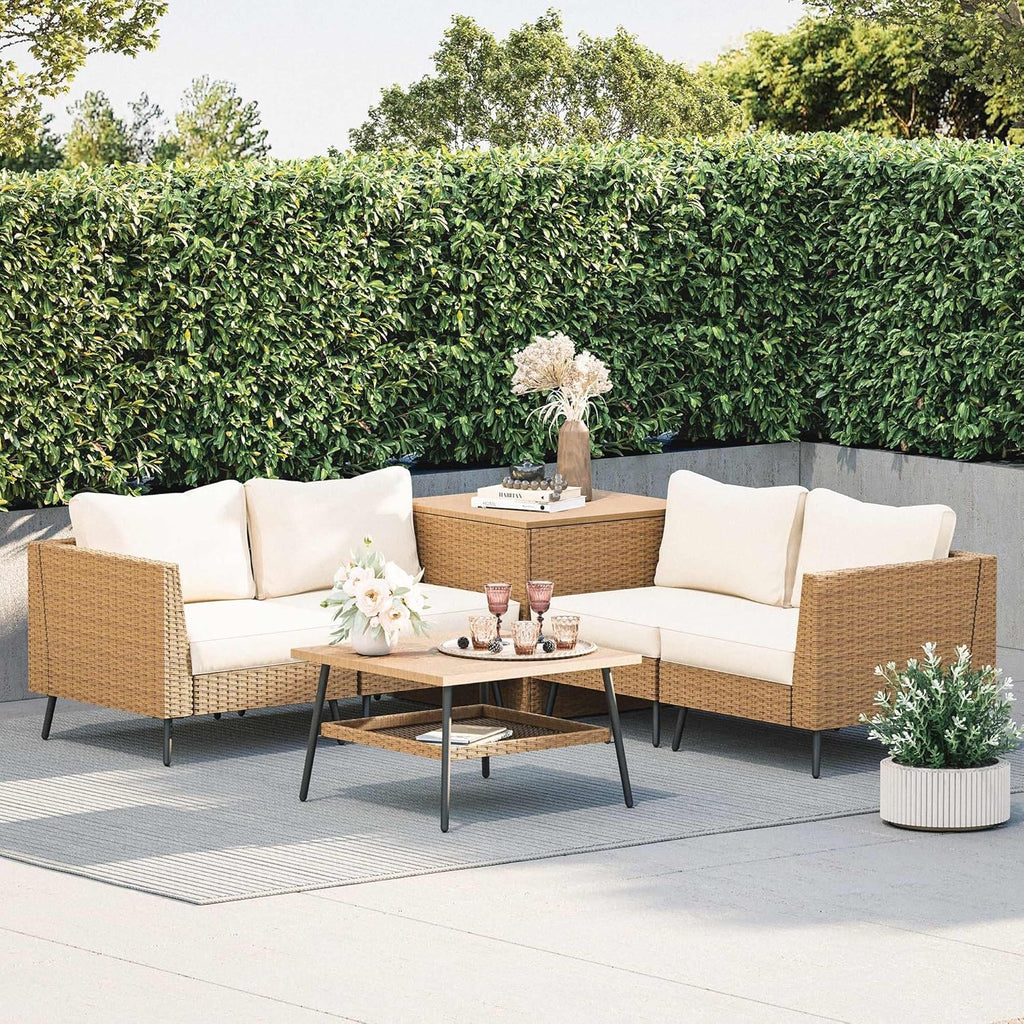 LAUSAINT HOME 6 Pieces Outdoor Patio Furniture Sets, Rattan Conversation Sectional Set with Cushions and Storage Box, Patio Sofa with Outdoor Table