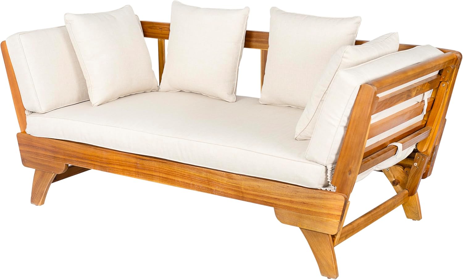 Christopher Knight Home Gary Patio Convertible Couch, Wooden Outdoor Daybed, 3-Seater Acacia Wood Patio Furniture Lounge Sofa for Backyard/Poolside/Garden, Back Pillow+Removable Cushion, Teak+ Beige