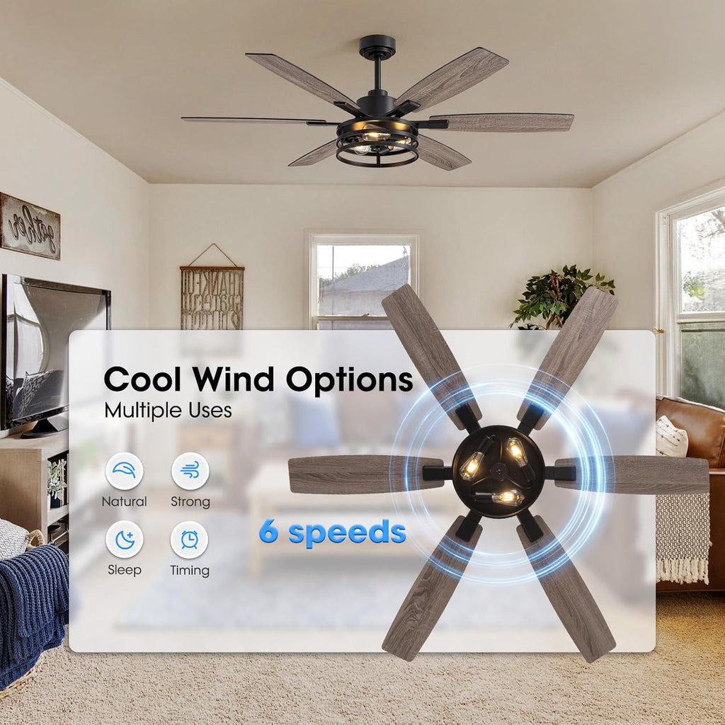 LuminFan 60 Inch Ceiling Fans with Lights and Remote Control, Farmhouse Ceiling Fan for Bedroom Living Room and Patio, Black Caged Ceiling Fan for Indoor and Outdoor