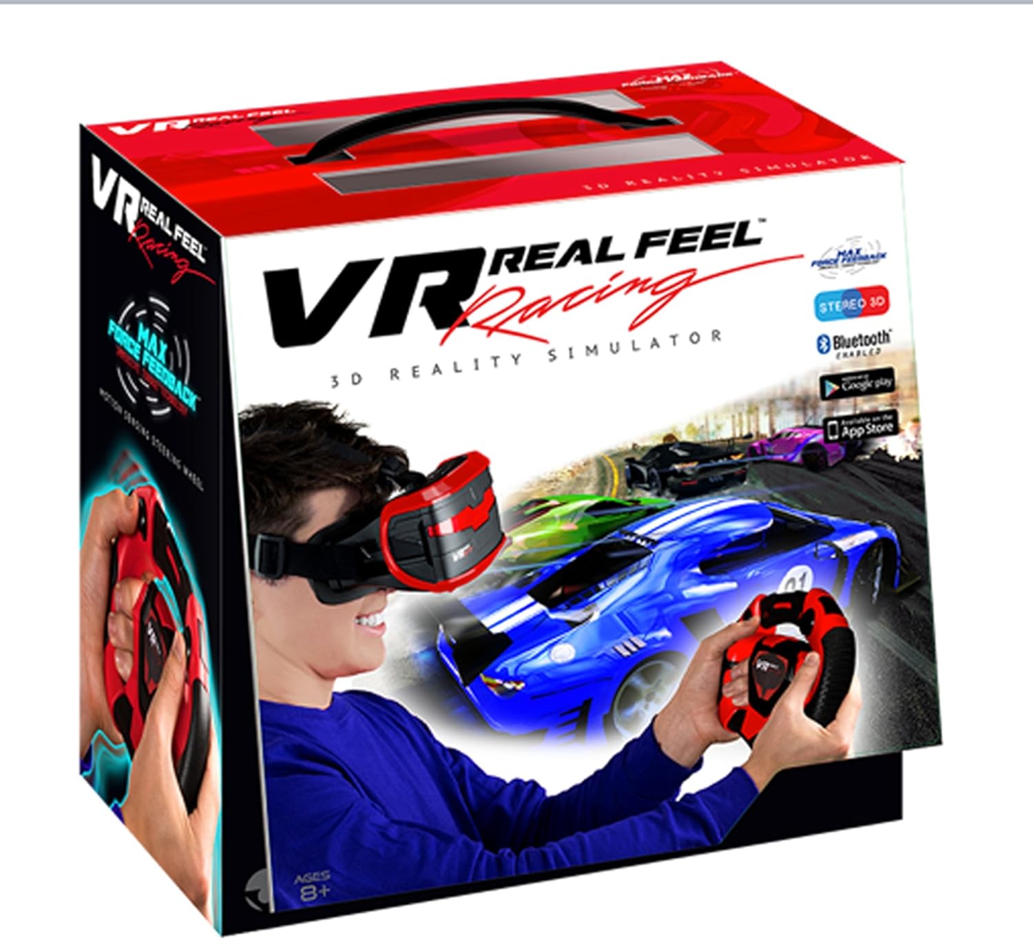 VR Real Feel Virtual Reality Car Racing Gaming System with Bluetooth Steering Wheel and Headset Goggles Viewer Glasses for iOS iPhone and Android