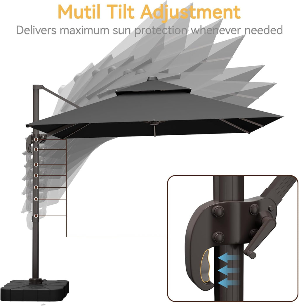 10x10 FT Patio Umbrella with Base, Large Cantilever Double Top Heavy Duty Offset Umbrellas with 360° Rotation, Outdoor shade for Garden Deck Pool, Grey