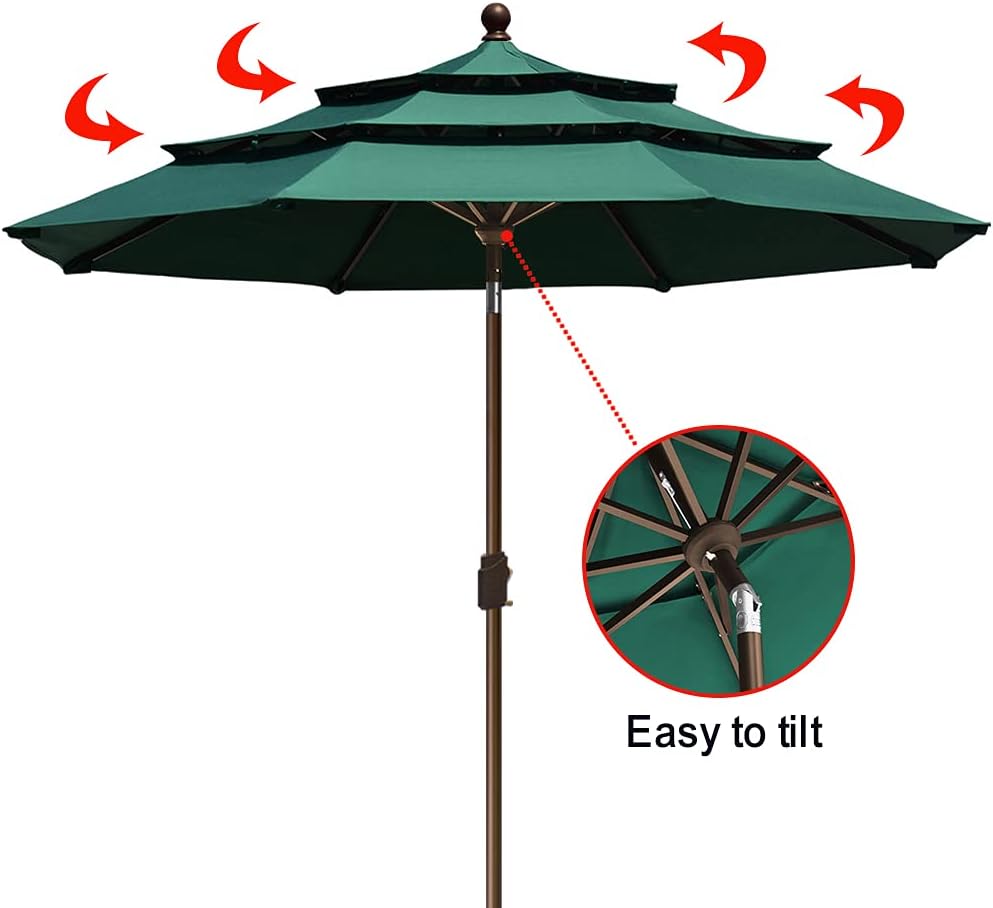 EliteShade USA 10-Year-Non-Fading 9ft 3-Tier Market Patio Umbrella, Commercial Grade Outdoor Table Umbrella with Crank Open, Windproof & UPF 50+ UV Protection, Heavy Duty Ventilation for Garden, Deck, Pool, Backyard, Beach & Bistro, Forest Green