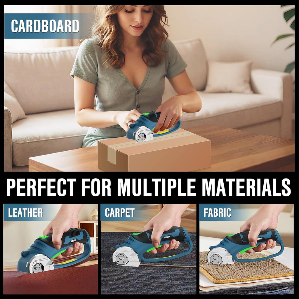 BUBRA Cordless Electric Scissors for Cardboard, Fabric & Carpet, 4V Rechargeable Electric Box Cutter Cuts up to 1/3", Includes 4 Blades and Key, Safety Lock & LED Light