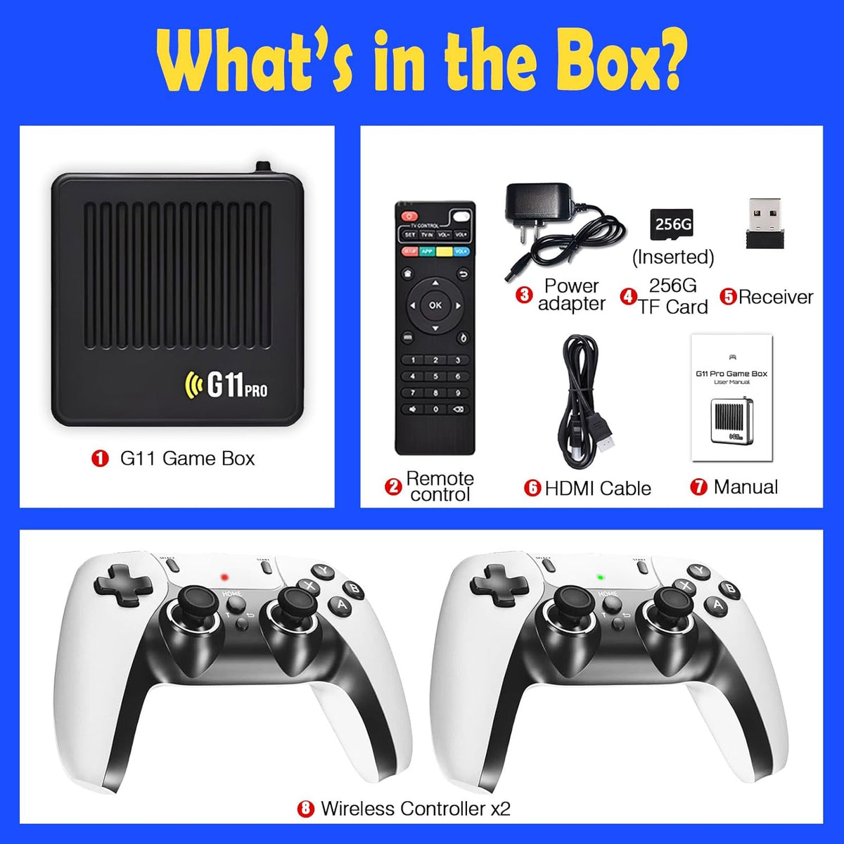 2026 Upgraded G11 Pro Game Box Console, 60,000+ Retro Gaming Console, 45+ Emulators, 4K HD HDMI TV Game Stick with Video Games, Plug & Play Game Console for TV 2 Wireless Controllers (256G)
