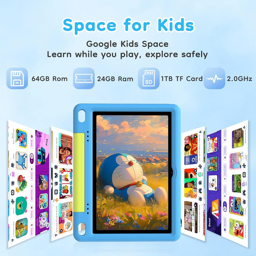 10 inch Kids Tablet, Android Tablet for Kids, 24GB RAM 64GB ROM, 1TB Expandable, with EVA Case, Parental Control, 6600mAh Battery, Dual Camera, BT5.4, WiFi 6, Gift (Blue)