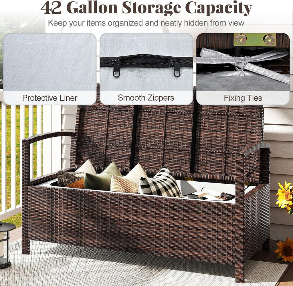 Tangkula 42 Gallon Outdoor Bench with Storage, Outdoor PE Rattan Storage Bench with Cushion, Backrest & Acacia Wood Armrests, Metal Frame, Waterproof Deck Box Seat for Porch Backyard Poolside