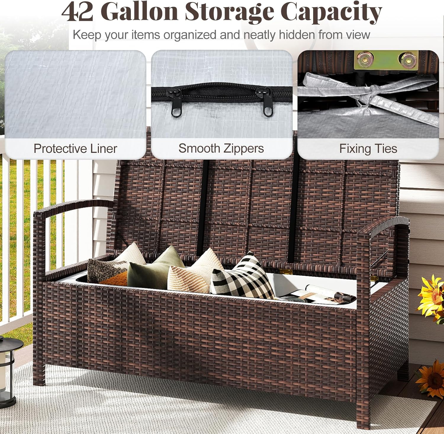 Tangkula 42 Gallon Outdoor Bench with Storage, Outdoor PE Rattan Storage Bench with Cushion, Backrest & Acacia Wood Armrests, Metal Frame, Waterproof Deck Box Seat for Porch Backyard Poolside