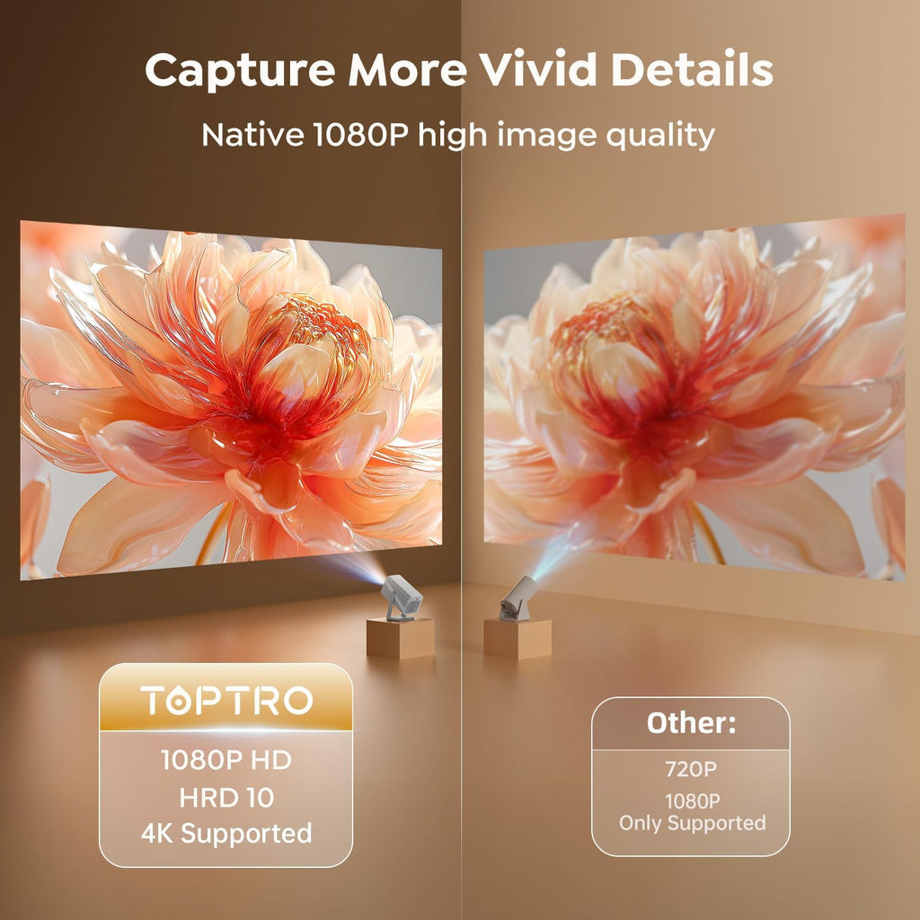 4K Support/Auto Focus/360°Adjustable StandSmart-Projector-4K with WiFi 6 and Bluetooth5.2, Native 1080P Mini Portable Projector, Dolby Audio, TOPTRO Outdoor Movie Proyector Compatible with Netflix