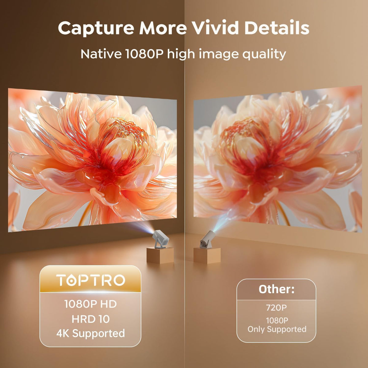 4K Support/Auto Focus/360°Adjustable StandSmart-Projector-4K with WiFi 6 and Bluetooth5.2, Native 1080P Mini Portable Projector, Dolby Audio, TOPTRO Outdoor Movie Proyector Compatible with Netflix
