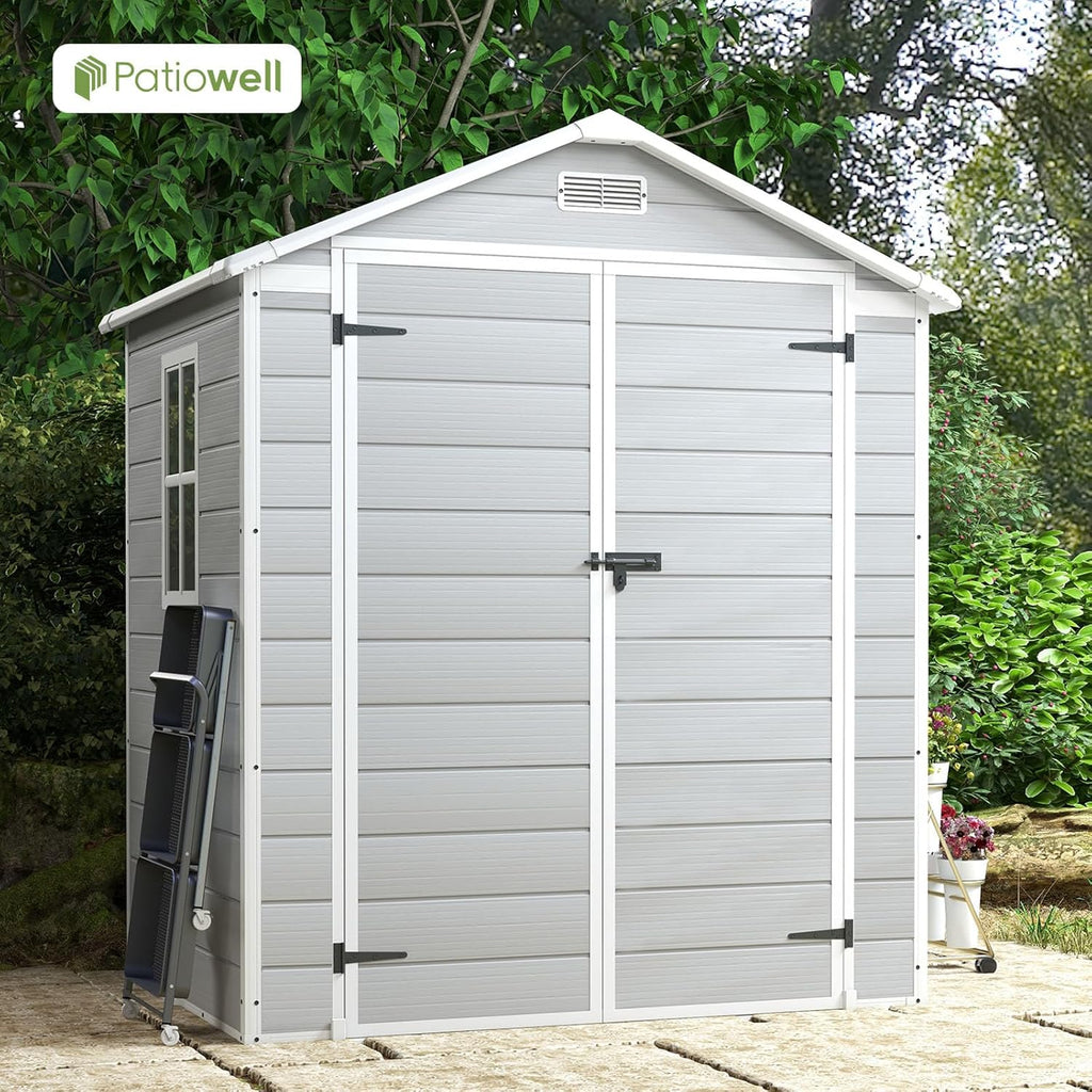 Patiowell 6 x 4 FT Plastic Outdoor Storage Shed with Floor, Resin Outside Sheds with Window, Garden Tool Shed with Lockable Door for Patio Storage, Backyard, Light Gray