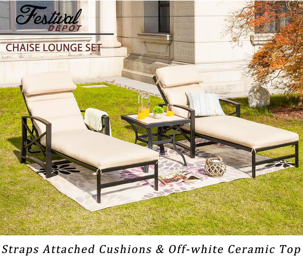 Festival Depot 3 Pieces Patio Outdoor Chaise Lounge Chairs with Cushions Set with Coffee Table Premium Fabric Metal Frame Furniture Garden Bistro Soft Headrests (Khaki)