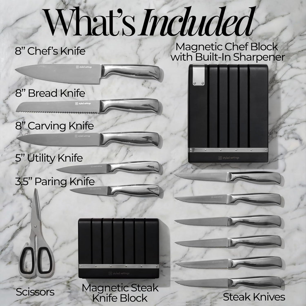 German Stainless Steel Kitchen Knife Block Set with Built-in Sharpener - 2-in-one Space Saving Magnetic Countertop and Knife Drawer Organizer with Stainless Steel Knives, Ideal Gift
