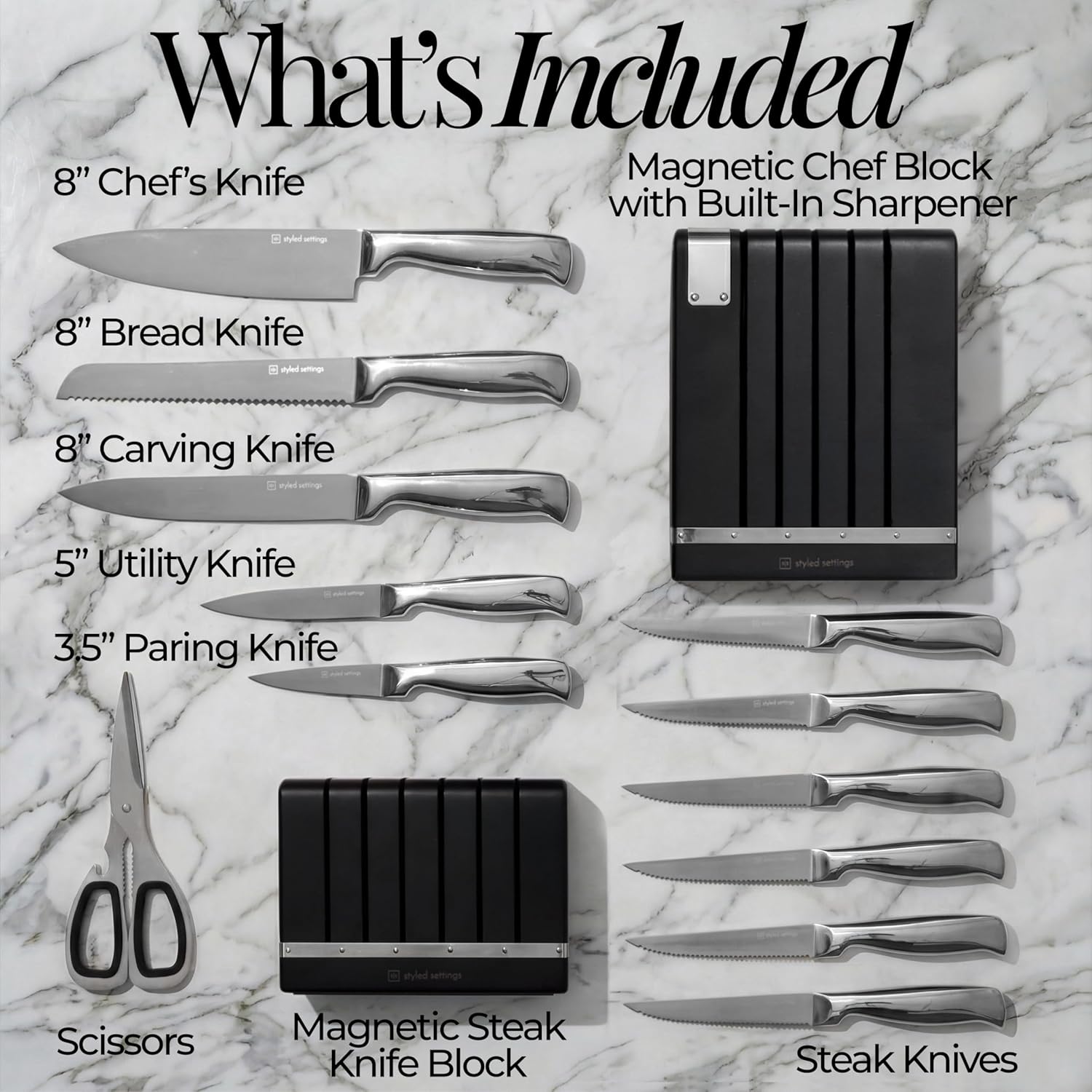 German Stainless Steel Kitchen Knife Block Set with Built-in Sharpener - 2-in-one Space Saving Magnetic Countertop and Knife Drawer Organizer with Stainless Steel Knives, Ideal Gift