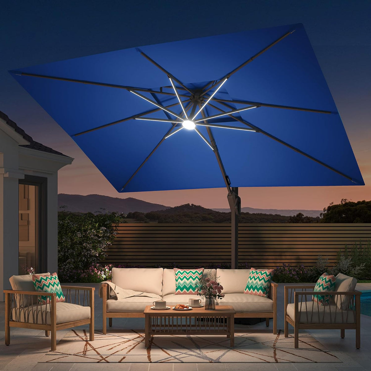 10' X 13' Patio Umbrella with LED Lights Outdoor Cantilever Large Rectangle Offset Umbrellas Heavy Duty Aluminum Double Top with 360-degree Rotation for Pool Garden Deck, Navy