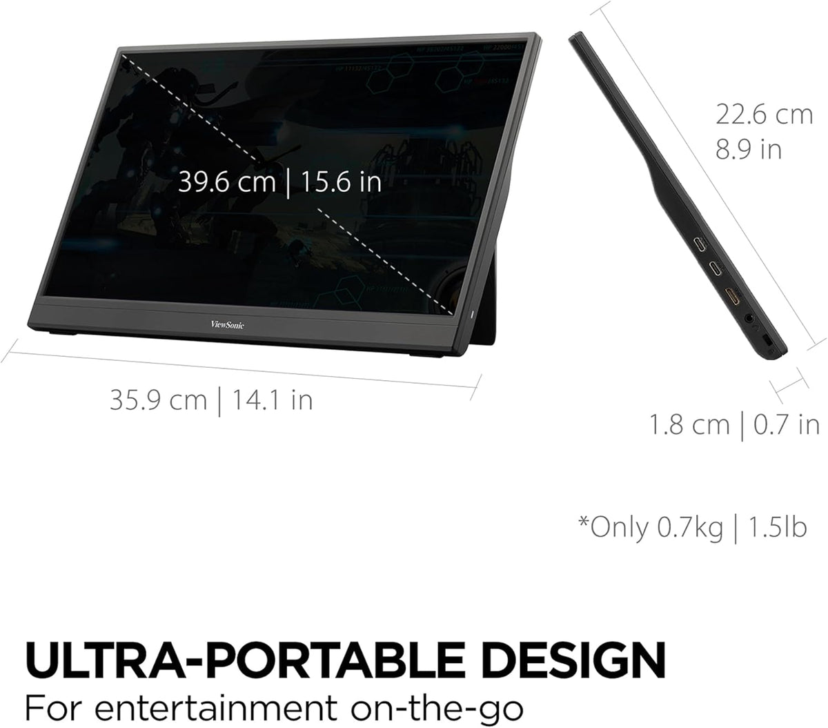 ViewSonic VX1654 16 Inch 1080p Portable IPS Gaming Monitor with 144Hz, AMD FreeSync, 2 Way Powered 60W USB C, Mini HDMI, and Built-in Stand with Protective Cover (Renewed)