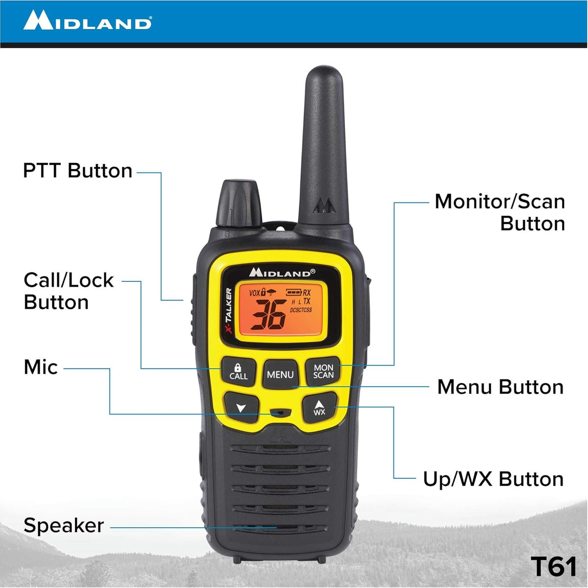 Midland T61VP3 36 Channel FRS Two-Way Radio - Up to 32 Mile Range Walkie Talkie - Yellow/Black (Pack of 12)