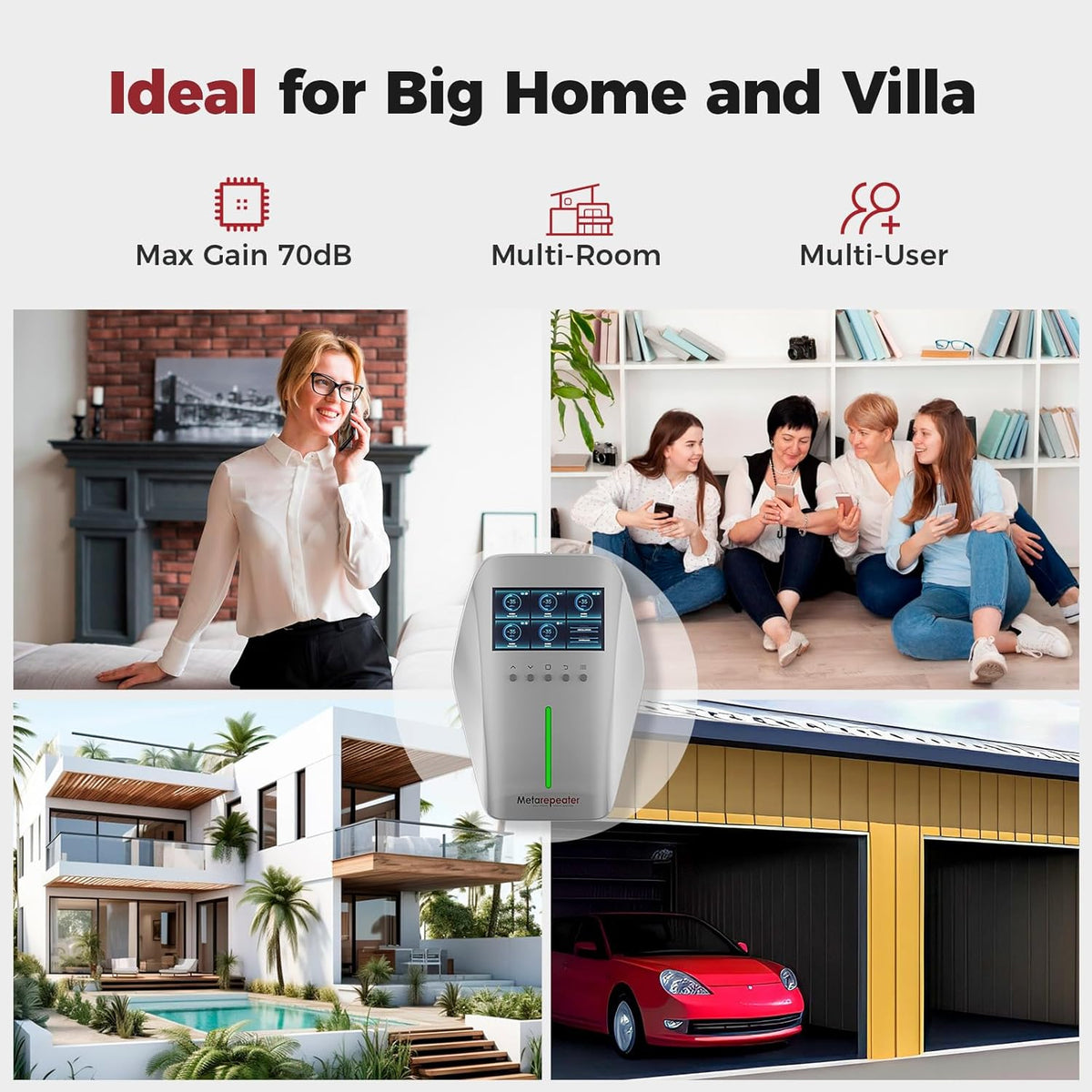Cell Phone Booster for Multiroom, Cover 10,000 sq. ft. with 2 Indoor Antennas Cell Phone Signal Booster with LCD Display 5G Compatible for All U.S. Carriers - Verizon AT&T T-Mobile, FCC Approved