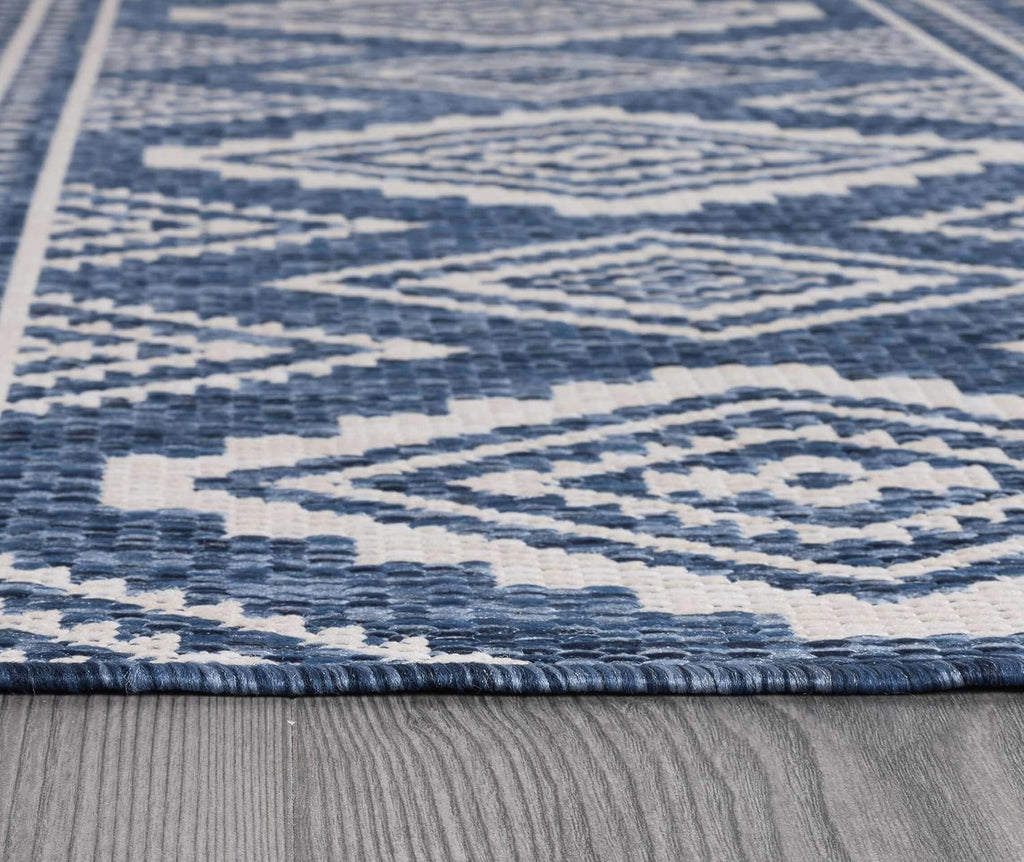 Beverly Rug Waikiki Boho Indoor Outdoor Rug 9x12, Washable Outside Carpet for Patio, Deck, Porch, Bohemian Area Rug, Farmhouse Rugs, Aztec Tribal Rug, Azure and White