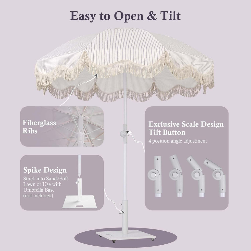 LAGarden Ocean Windproof 6Ft Outdoor Fringe Umbrella Tilting Beach Umbrellas for Sand Portable with Carry Bag Patio Yard Picnic Table Garden Lawn Deck Wedding Pool Party Event