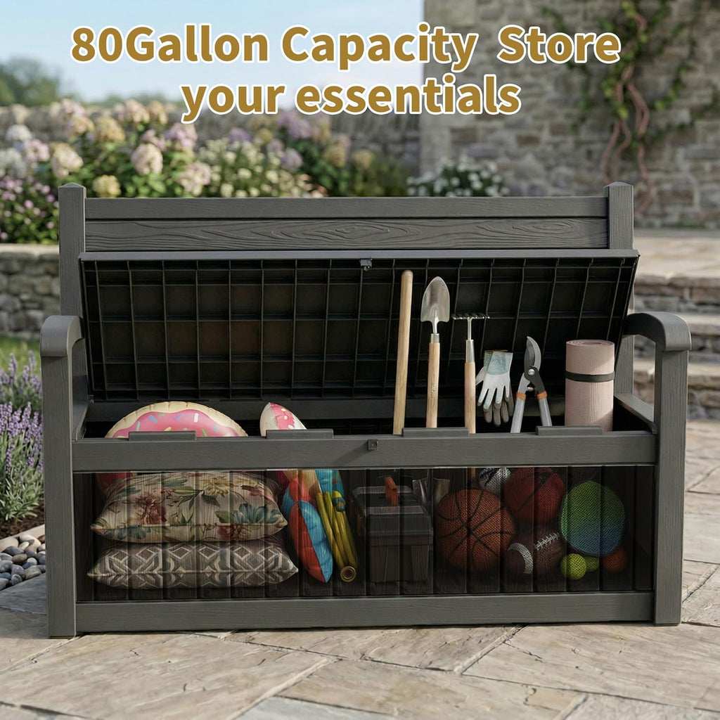 EFU Outdoor Storage Bench, Outdoor Bench with Storage, 80 Gallon Heavy-Duty&Waterproof Lockable Storage Bench Outdoor for Patio, Garden, Porch (Black)