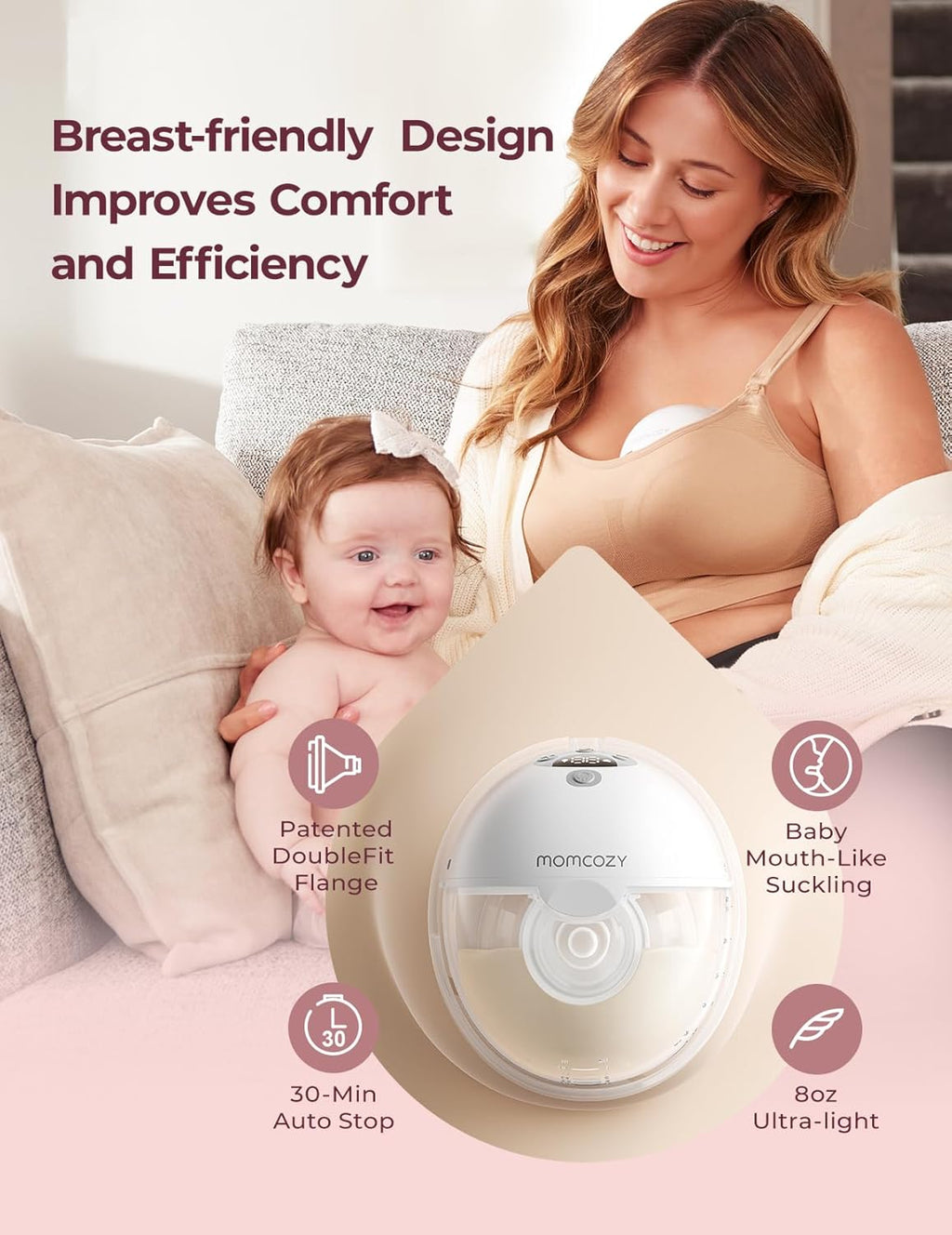 Momcozy M5 Smart APP Controlled Wearable Breast Pump, Hands-Free Wireless Electric Pump, 3 Modes 9 Suction Levels, BPA-Free, Portable Lightweight, 24mm Flange, 2-Pack Quill Gray