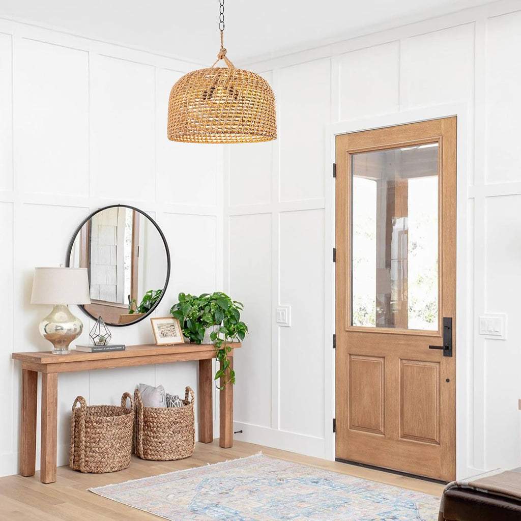 LamQee 18 Inch Rattan Farmhouse Chandelier, 3-Lights Boho Large Pendant Light with Dome Wicker Shade, Rustic Hand Woven Hanging Lighting Fixture for Dining Room, Kitchen Island, Entryway, Foyer