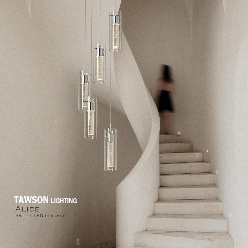 Tawson Alice 5-Light Chandelier Pendant Ceiling Light, Integrated Led and Bubble Glass, for Kitchen Island, Hallway, Entryway, Passway, Dining Room, Bedroom, Balcony Living Room