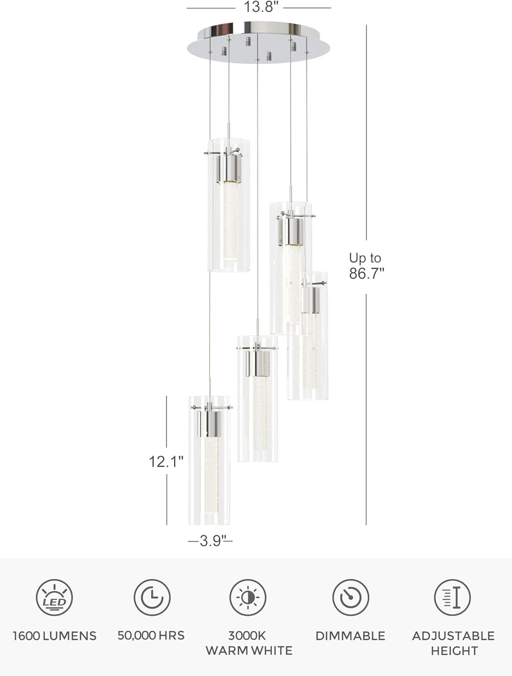 Tawson Alice 5-Light Chandelier Pendant Ceiling Light, Integrated Led and Bubble Glass, for Kitchen Island, Hallway, Entryway, Passway, Dining Room, Bedroom, Balcony Living Room
