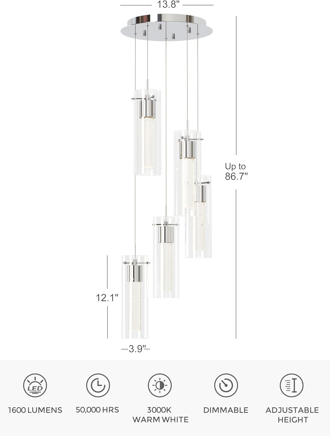 Tawson Alice 5-Light Chandelier Pendant Ceiling Light, Integrated Led and Bubble Glass, for Kitchen Island, Hallway, Entryway, Passway, Dining Room, Bedroom, Balcony Living Room
