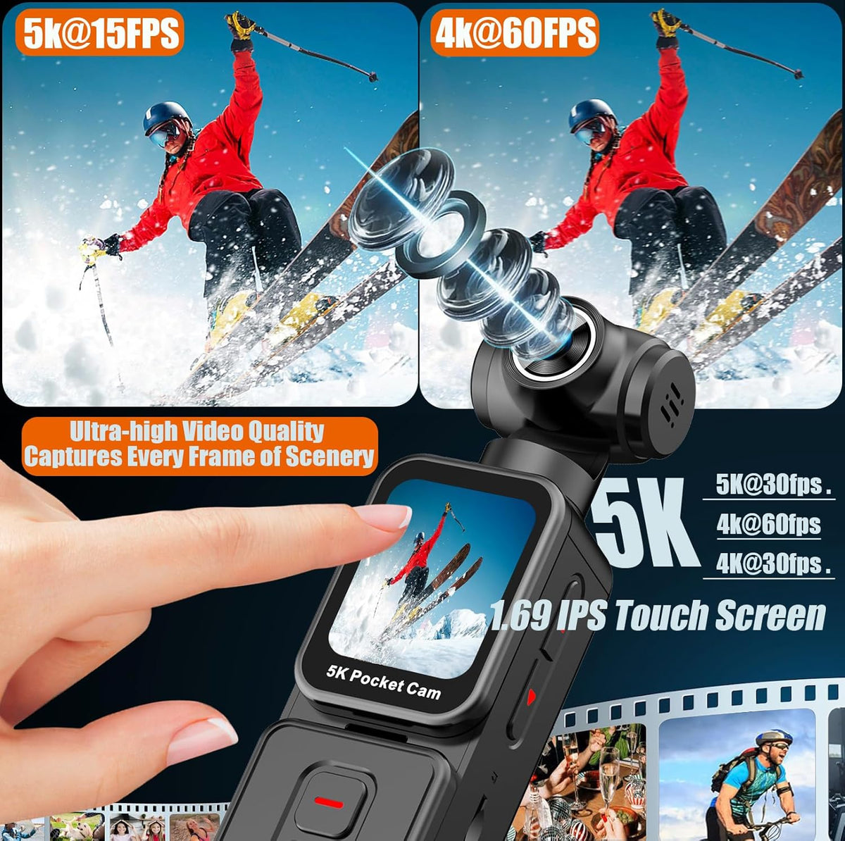 Pocket Camera 5K with Face Detection Automatic Rotating Lens, Vlogging Camera Body Cam with Rotatable Touch Screen, External Mic, Remote Control, 64GB Card
