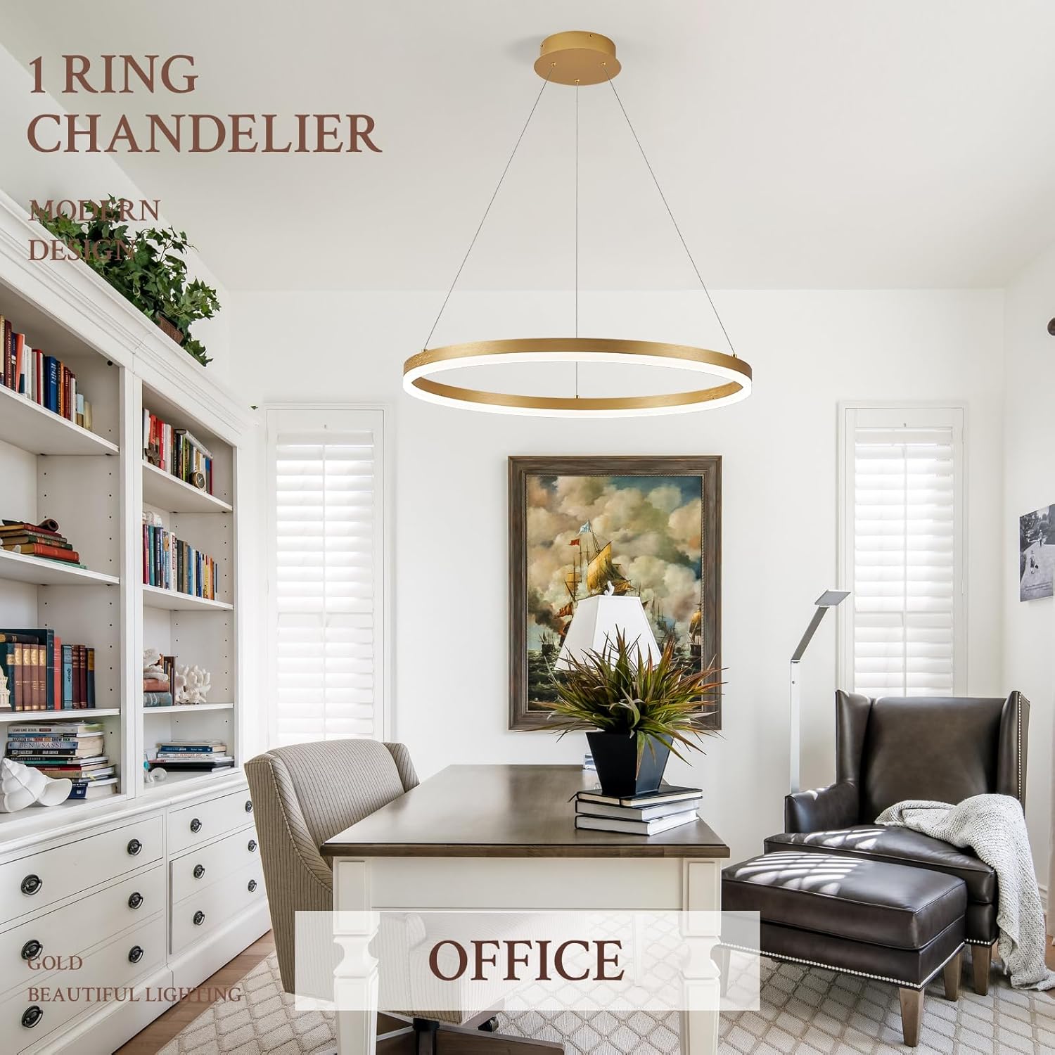 Modern LED Pendant Lighting Ring Chandelier Gold Dimmable LED Chandelier for Dining Room 36W Adjustable Pendant Light Fixture for Living Room Bedroom Home Office Foyer, 3000-6500K D24in