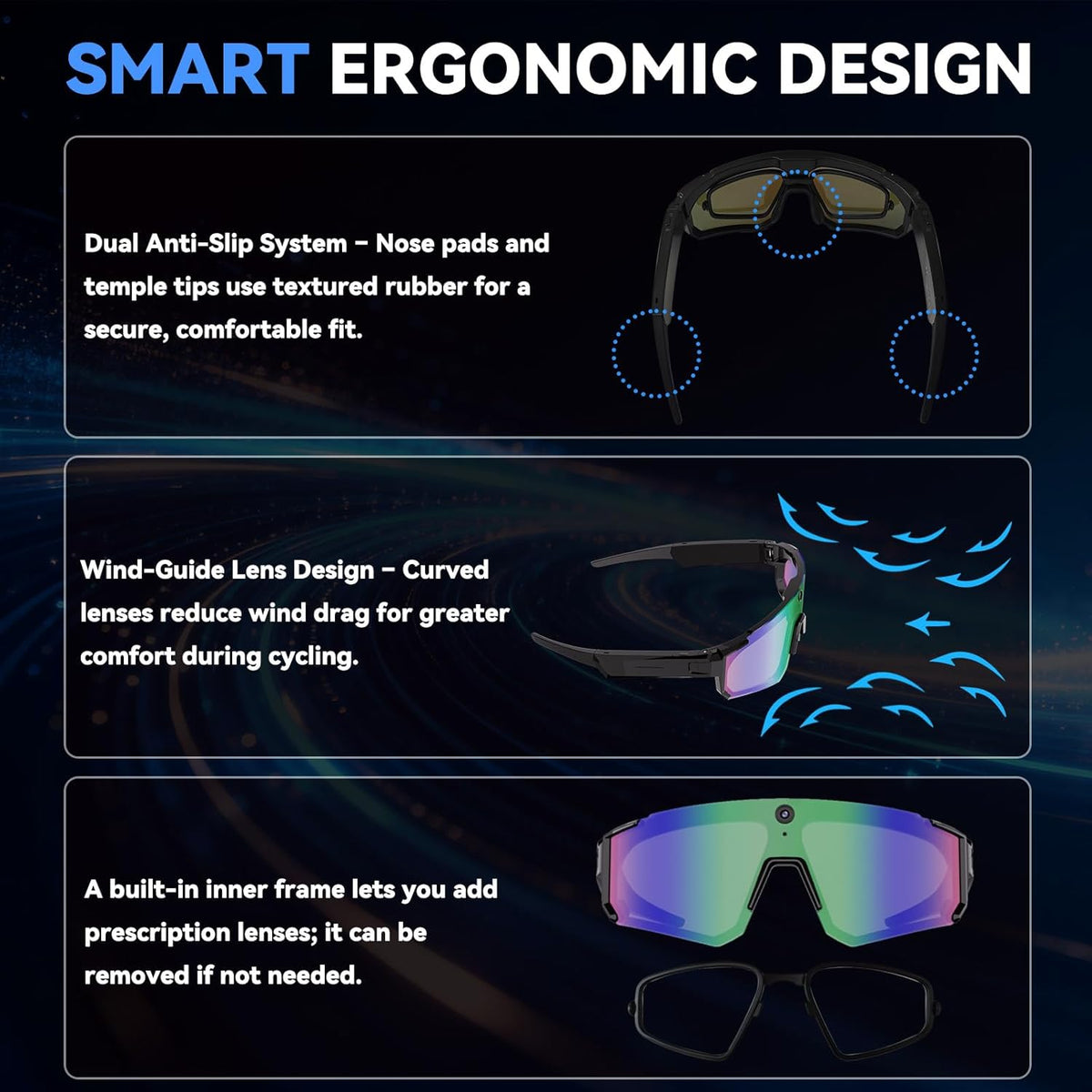 AI Smart Glasses with 32MP Camera, Video Recording Glasses with Voice Control, Built-in Microphone, AI Voice Assistant, UV Protection, for Cycling & Hiking