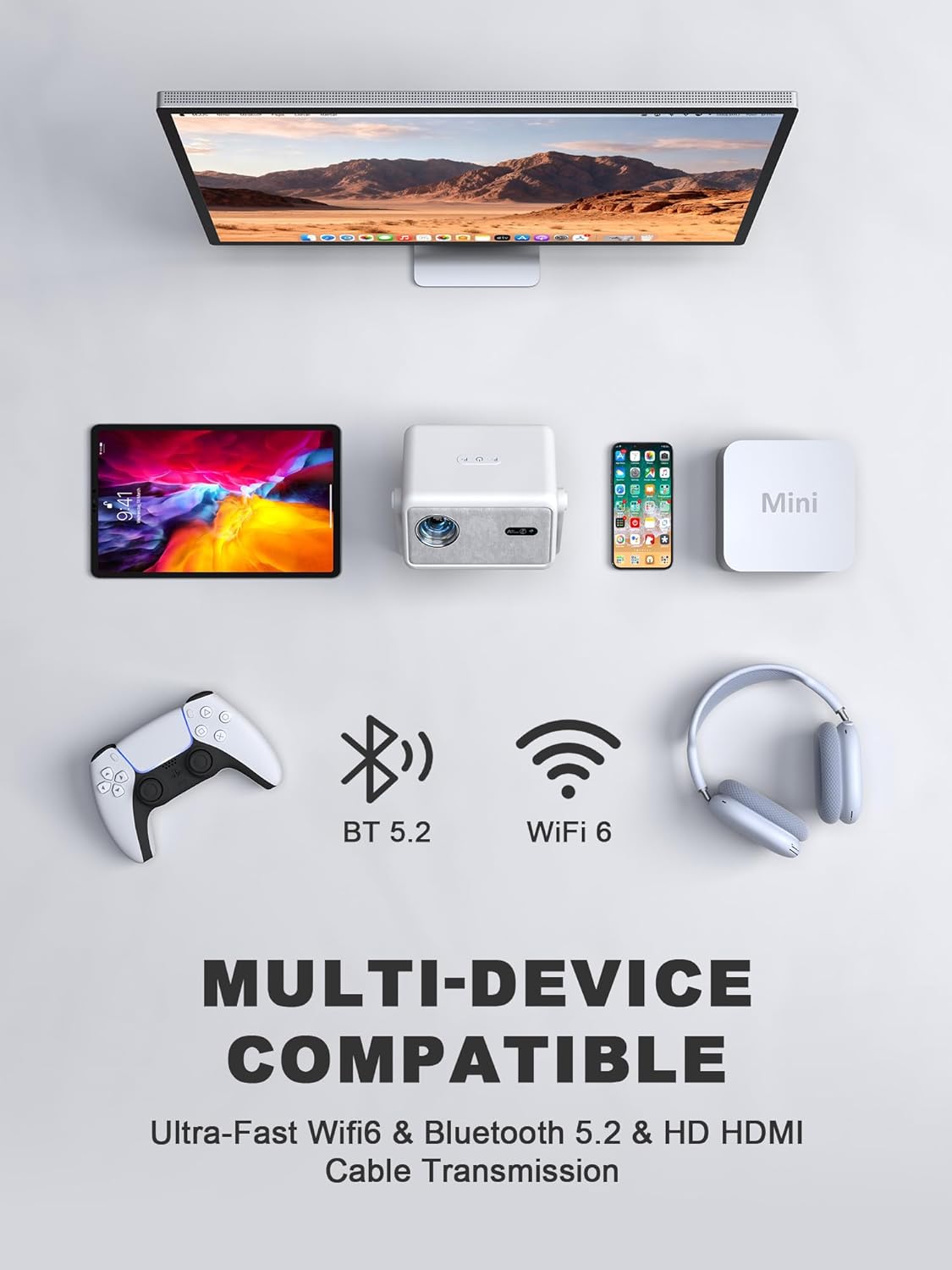 【Compatible with Netflix & Auto focus 】VISSPL Smart Projector with WiFi and Bluetooth, Auto Focus & Keystone Protable Mini Projector with Stand, 4K Home Theater Projector