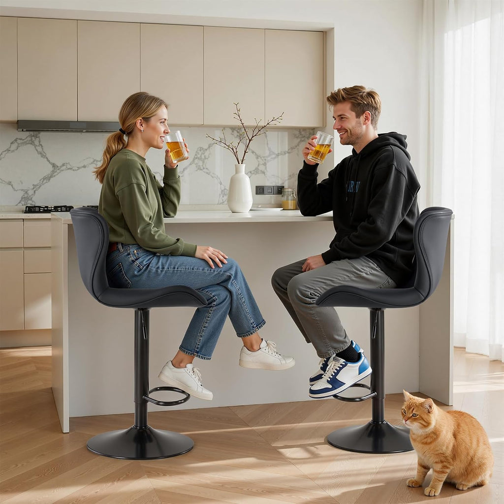 Sweetcrispy Modern Bar Stools Set of 4, Adjustable Faux Leather Upholstered Swivel Bar Stools, Counter Height Bar Chairs with Back for Kitchen Island, Black