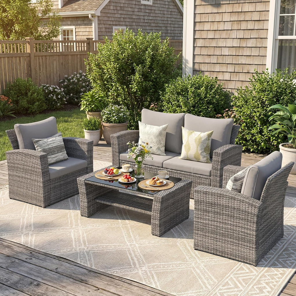 Wisteria Lane Patio Furniture Set, Wicker Outside Outdoor Furniture for All Weather, Patio Sofa with High Backrest Support and Wide Armrest for Backyard, Balcony, Deck, Porch, Light Gray