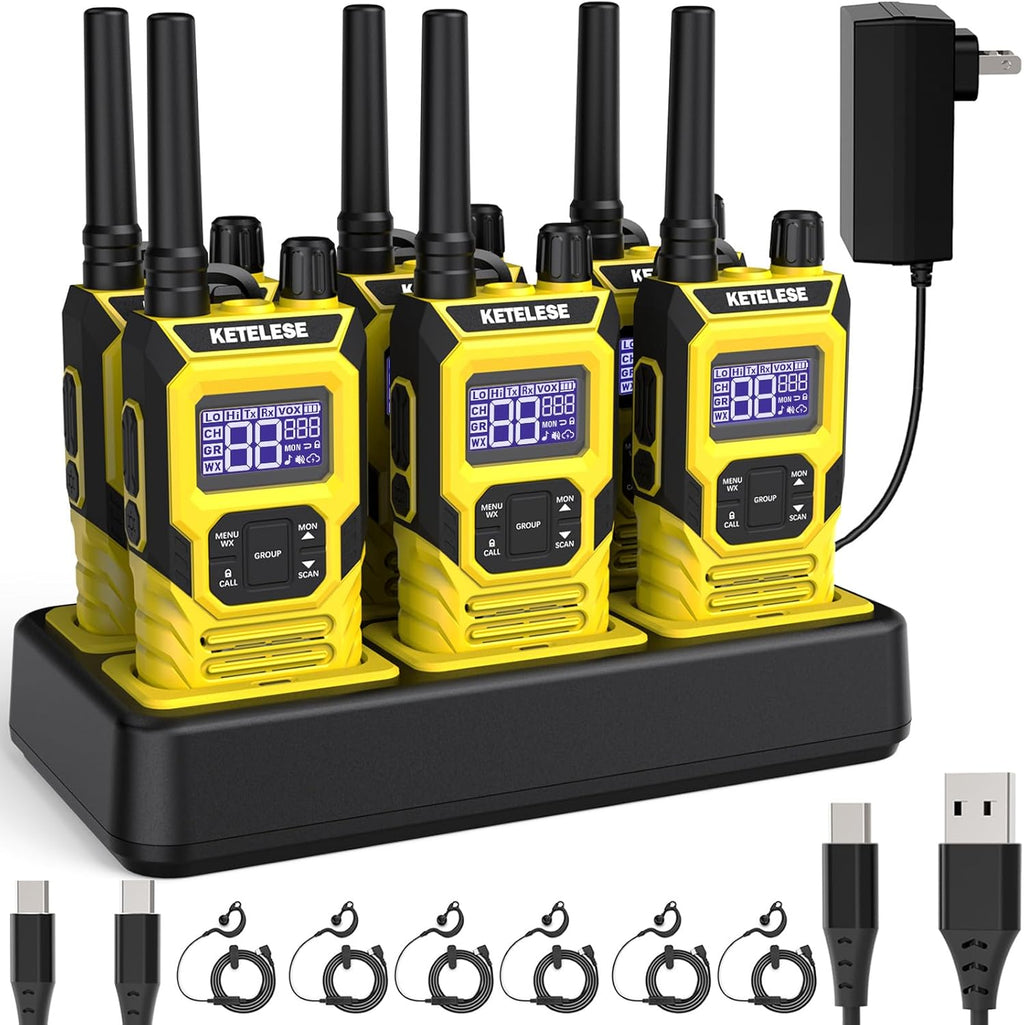 KETELESE T4 Two Way Radio with Earpiece and Mic, FRS 22 Channel Walkie Talkie Long Range, IP67 Waterproof Walkie Talkies, Weather Alert, PTT Group, VOX, Yellow, 6Pack