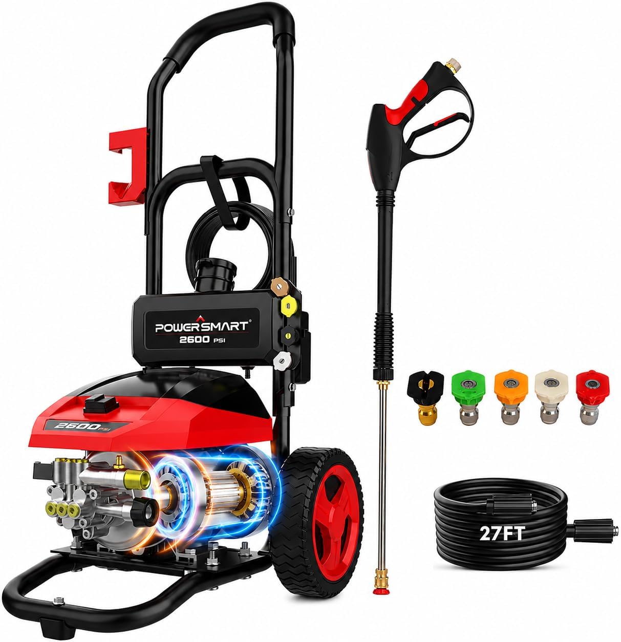 PowerSmart 3000 PSI Max Electric Pressure Washer-1.2 GPM Brushless Motor Power Washer with 5 Nozzles, GFCI Protection, 8” Wheels and Soap Tank, for Car, Patio, Fence, Driveway Cleaning