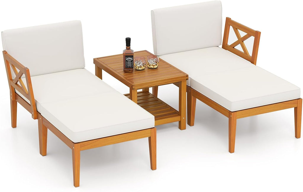 HAPPYGRILL 5 Pieces Acacia Wood Patio Chaise Lounge Chair Set with Ottoman, Outdoor Patio Furniture Set with Cushions and 2-Tier Coffee Table, Outdoor Sectional Conversation Sofa Set for Garden