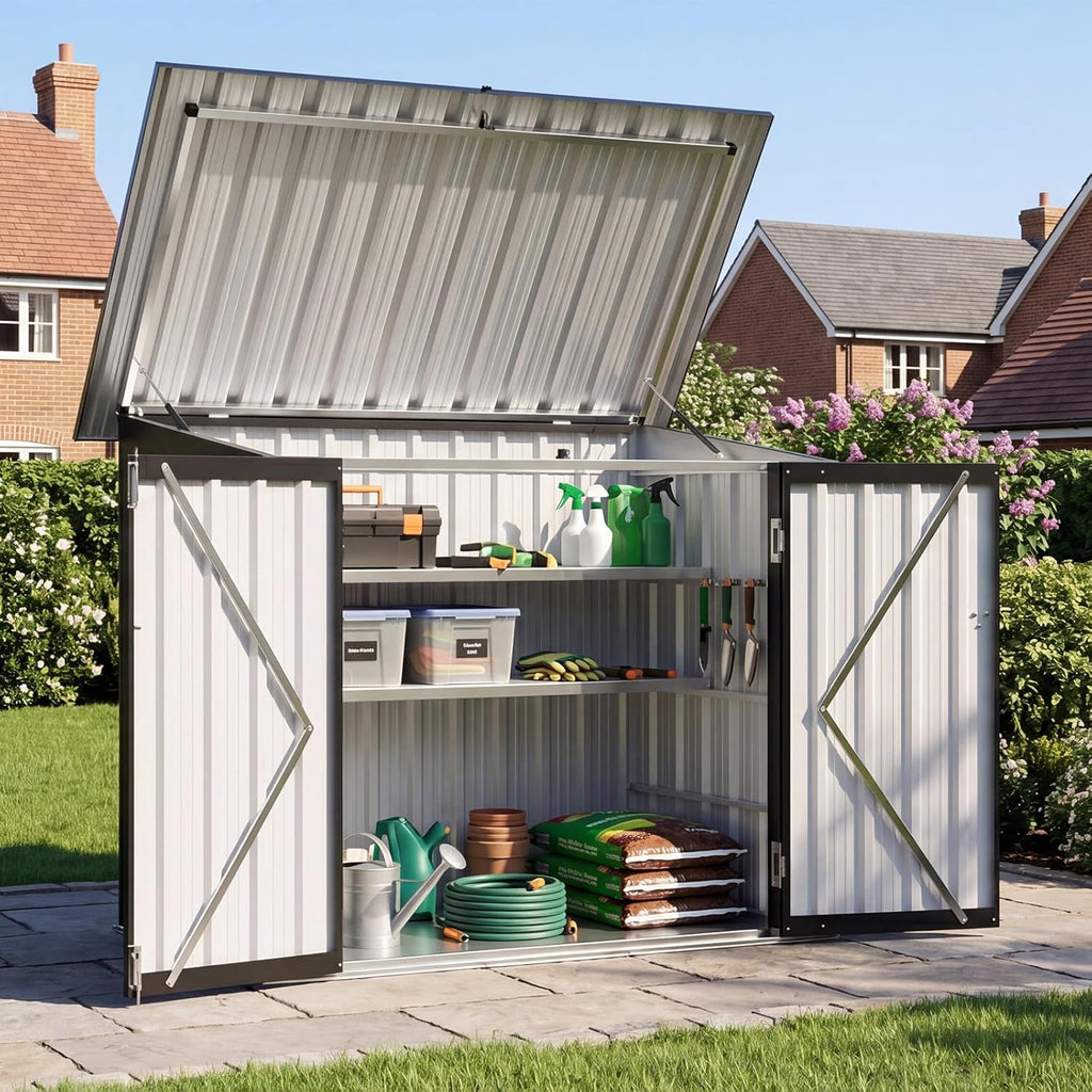 Aoxun Outdoor Storage Cabinet with Shelf, 35 Cu.Ft Metal Storage Shed, All-Weather Tool Storage Box with Hydraulic Lid, Lockable Doors for Patio Garden Garage, Black