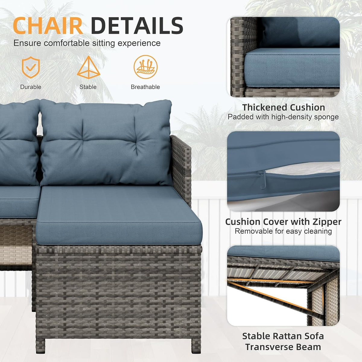 Shintenchi 3 Pieces Outdoor Patio Furniture Sets, Wicker Patio Conversation Sets, All Weather Wicker Rattan Patio Seating Sofas with Glass Coffee Table and Cushion, Blue-Gray
