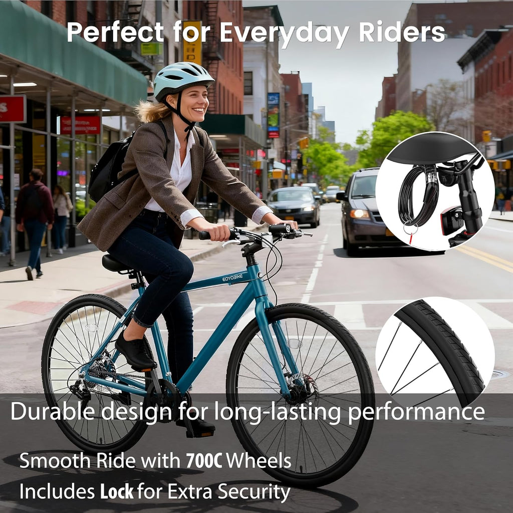 MOONCOOL Hybrid Bike for Men, 700C Aluminum 29LB Ultra-Light 8 Speed Commuter Bike, 350lb Loading, 29" Urban Bicycle, Dual Disc Brakes, for Tall Men&Women, 85% Pre-Assembled