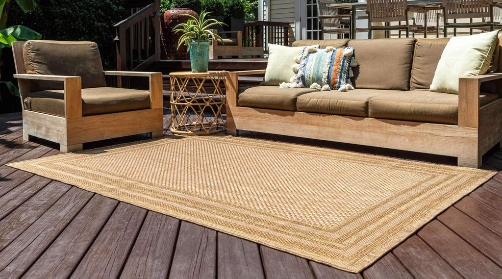 Unique Loom Outdoor Border Collection Area Rug - Multi Border (7' 1" x 10' Rectangle Tan/Light Brown)