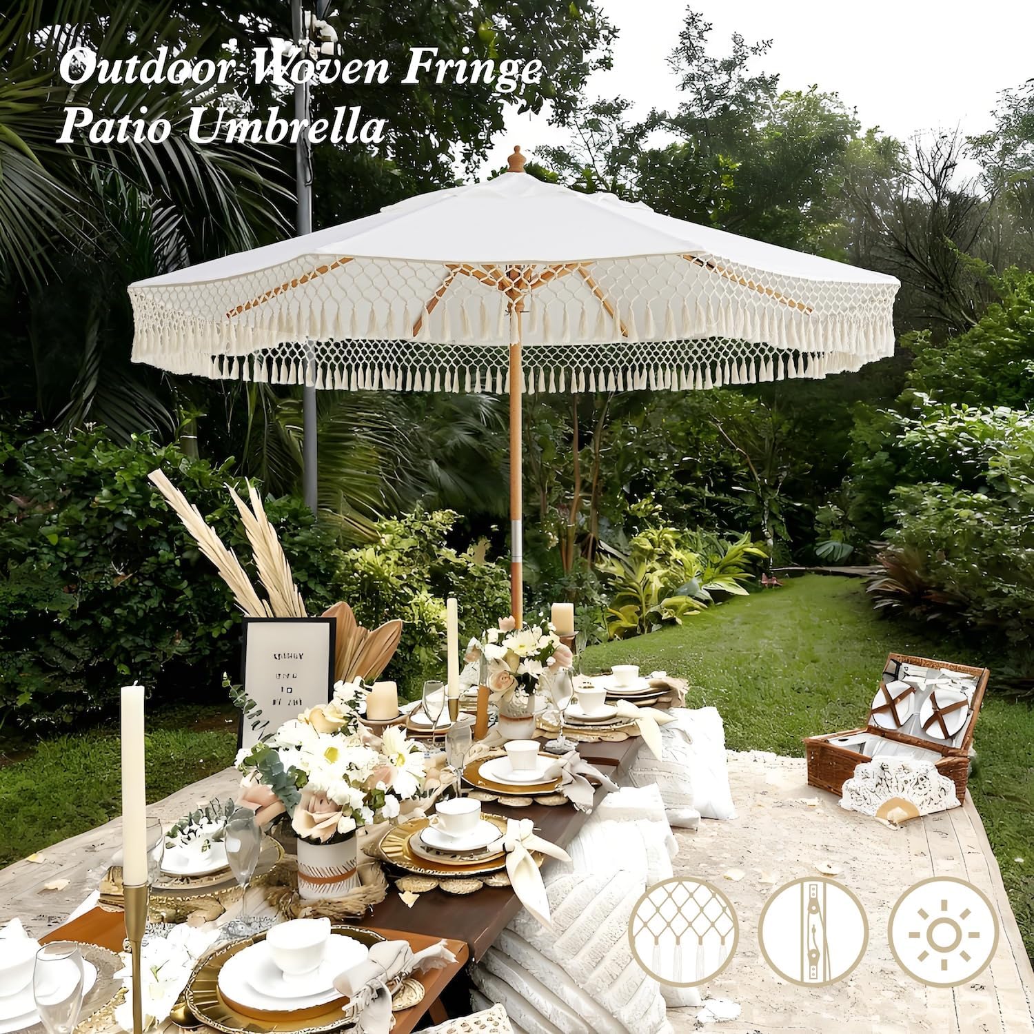 AMMSUN 8.5ft Luxury Premium Boho Patio Umbrella Wood Pole Fancy Bali-style Outdoor Umbrellas UPF 50+ Sun Protection with Pulley Lift Air Vent Tassel Fringe for Garden, Pool, Deck, Beach, Backyard, Events