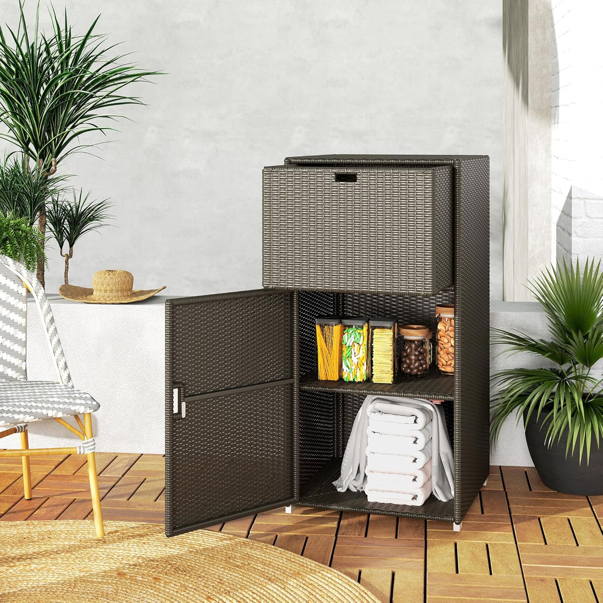 Outsunny Outdoor Towel Rack & Pool Storage Cabinet/Hot Tub Accessory Storage, Waterproof PE Rattan Cabinet & Basket Drawer for Indoor, Swimming Pool, Spa, 24"x24"x47", Dark Brown