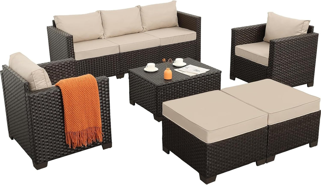 Rattan Star 6 Pieces Patio Outdoor Furniture Outdoor Conversation Sets Wicker Sofa Set with Outdoor Couch Patio Chairs Storage Coffee Table Khaki Cushions Waterproof Covers