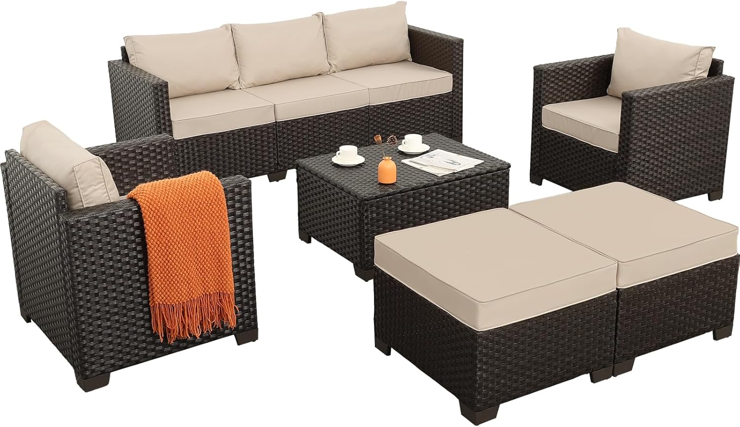Rattan Star 6 Pieces Patio Outdoor Furniture Outdoor Conversation Sets Wicker Sofa Set with Outdoor Couch Patio Chairs Storage Coffee Table Khaki Cushions Waterproof Covers