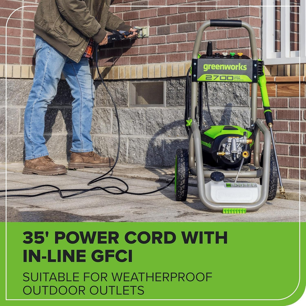 Greenworks Pro Brushless 2700 PSI (CSA Certified) 2.3 GPM Max / 1.2 GPM Electric Pressure Washer (Foldable Handles, Rugged Steel Frame, 25 FT Hose, 35 FT GFCI Power Cord)