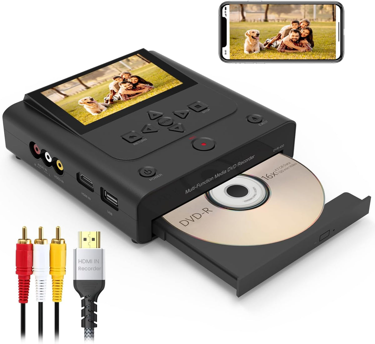 VHS to DVD Recorder, VCR to DVD Recorder-Convert Photos and Videos Between VHS,VCR,Memory Card .DVD and USB. Phone can use a Free app to Burn Videos and Photos, Also has TV Recording Function（Black）