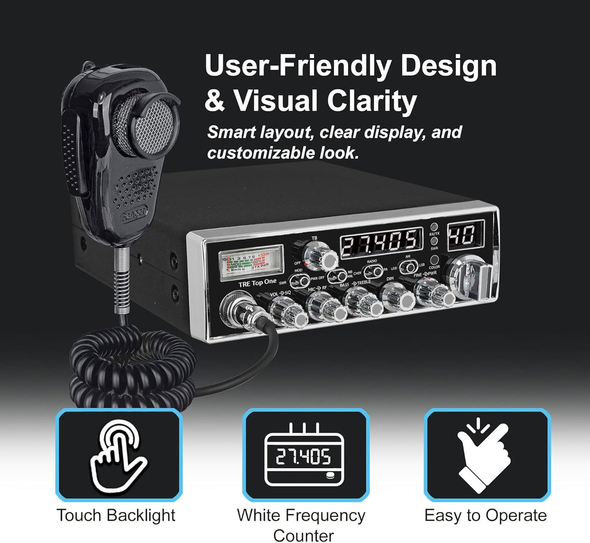 Texas Ranger TRE Top One SSB Compact CB Radio for Truckers | 12W PEP Sideband (USB/LSB) | Built-in SWR Meter & Frequency Counter | 40 Channel AM/SSB Transceiver | SRA-198NC Noise Cancelling Mic