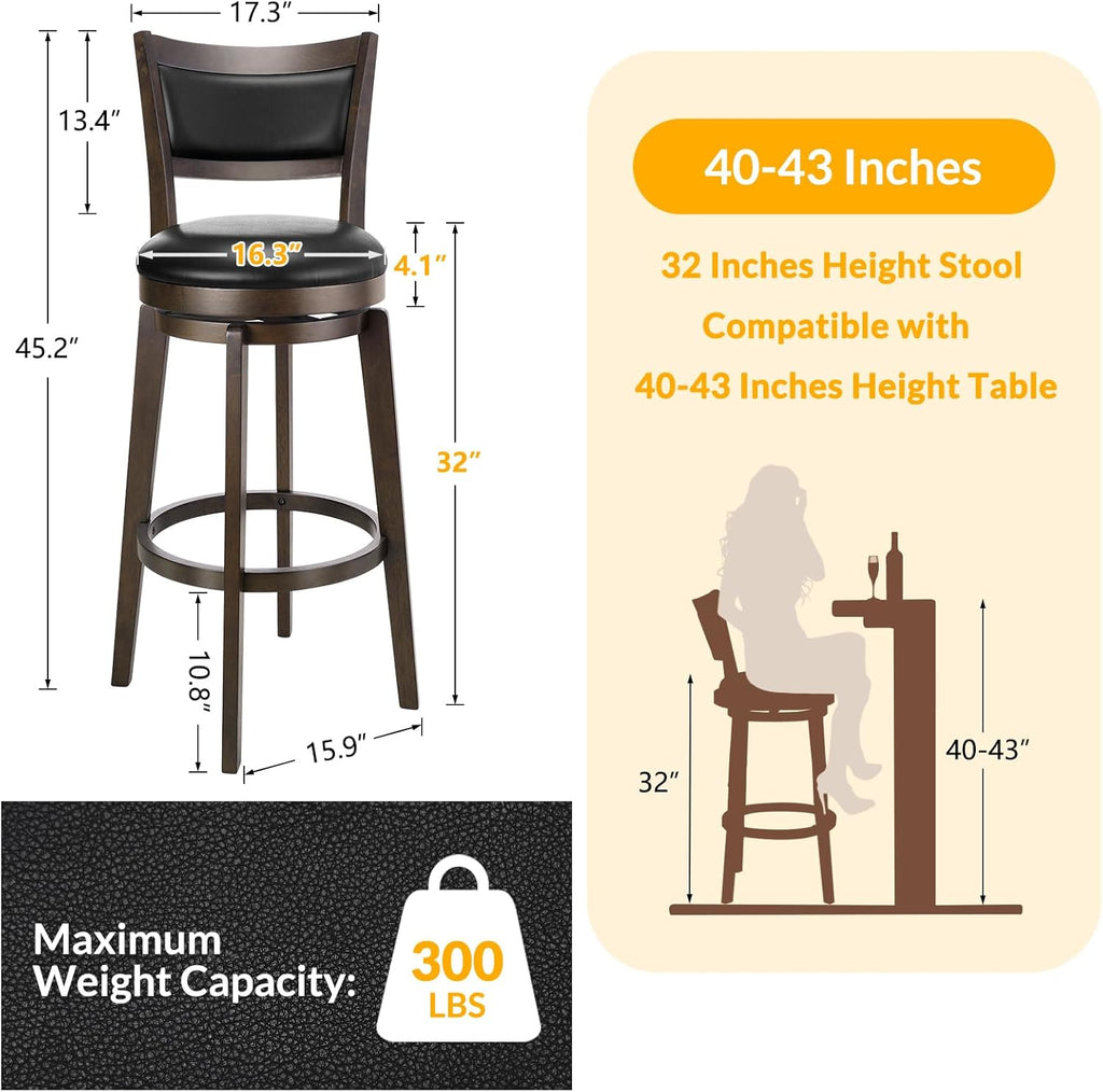 PrimeZone Swivel Bar Stools Set of 2, 32 Inch Tall Bar Height Barstools, Black Faux Leather Bar Stool with High Backrest & Solid Wood Legs & Wrap-Around Footrest, Counter Stools for Pub
